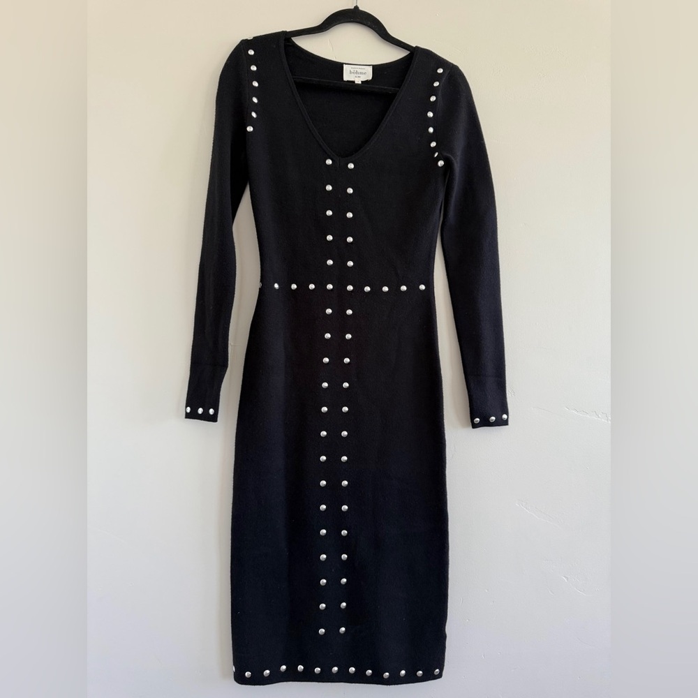 Bohme Hailey Studded feminine Midi Dress size S Long Sleeve Black Pearl Details - Picture 2 of 10